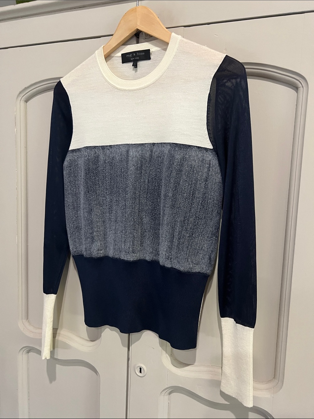 rag & bone Navy, White & Gray Colorblock Long Sleeve Crewneck